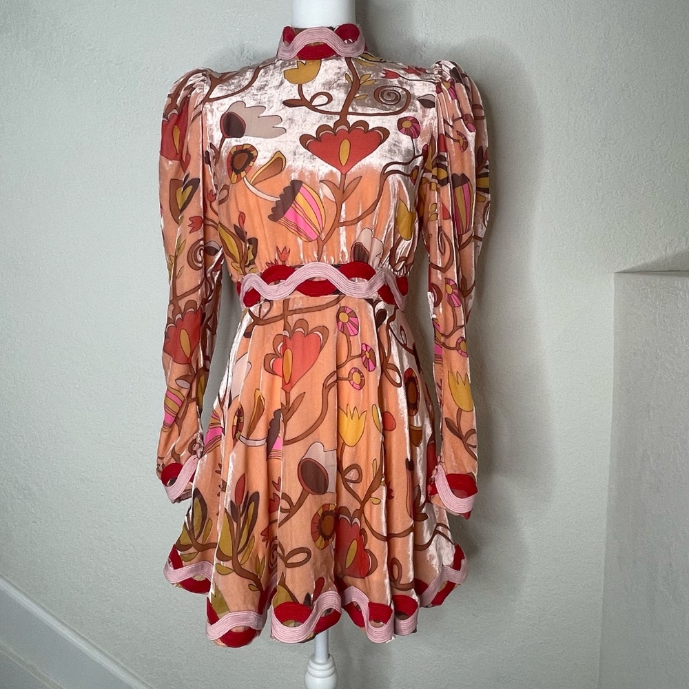 Celia B Long Sleeve Flamingo Mini Dress Velvet Floral Size S Multicolor Lined